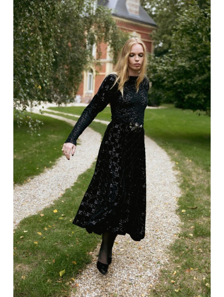 NIDODILEDA Adelynn Skirt Beaded Velvet Black Μαύρη Βελούδινη Φούστα