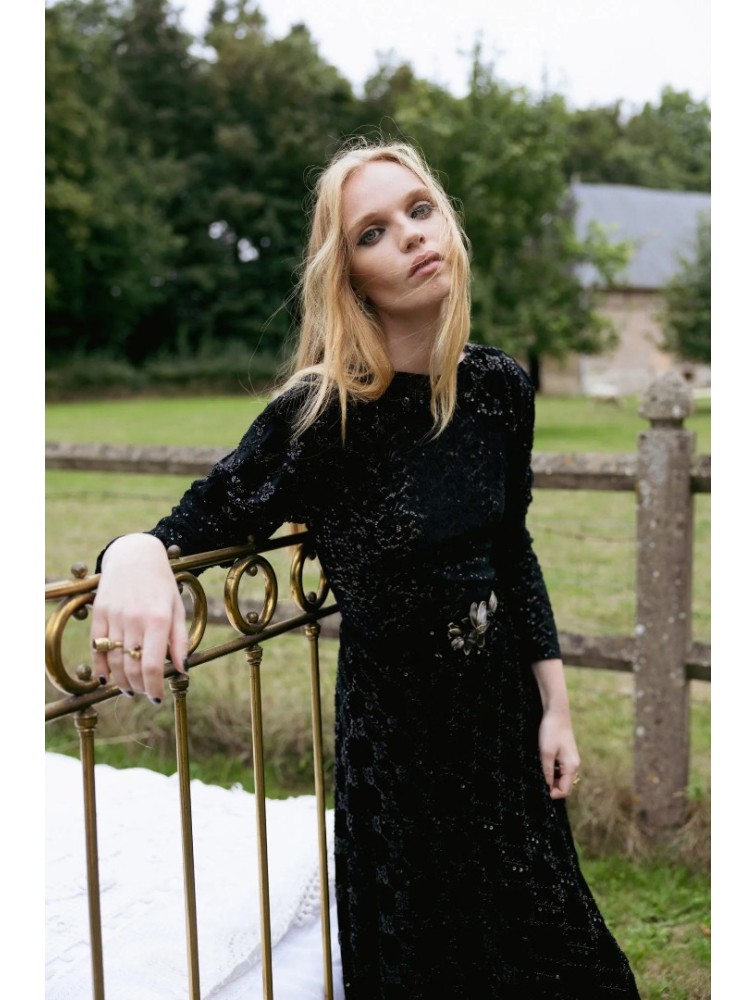 NIDODILEDA Adelynn Skirt Beaded Velvet Black Μαύρη Βελούδινη Φούστα