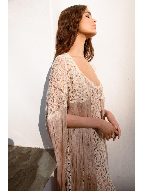 NIDODILEDA Amoret Shawl Crochet Beaded Fringed Εκρού Κροσέ Σάλι με Κρόσια