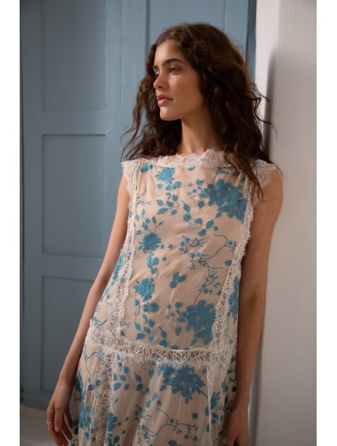 NIDODILEDA Arrival Dress Floral Embroidered Lace Embellished Φλοράλ Εκρού Γαλάζιο Φόρεμα