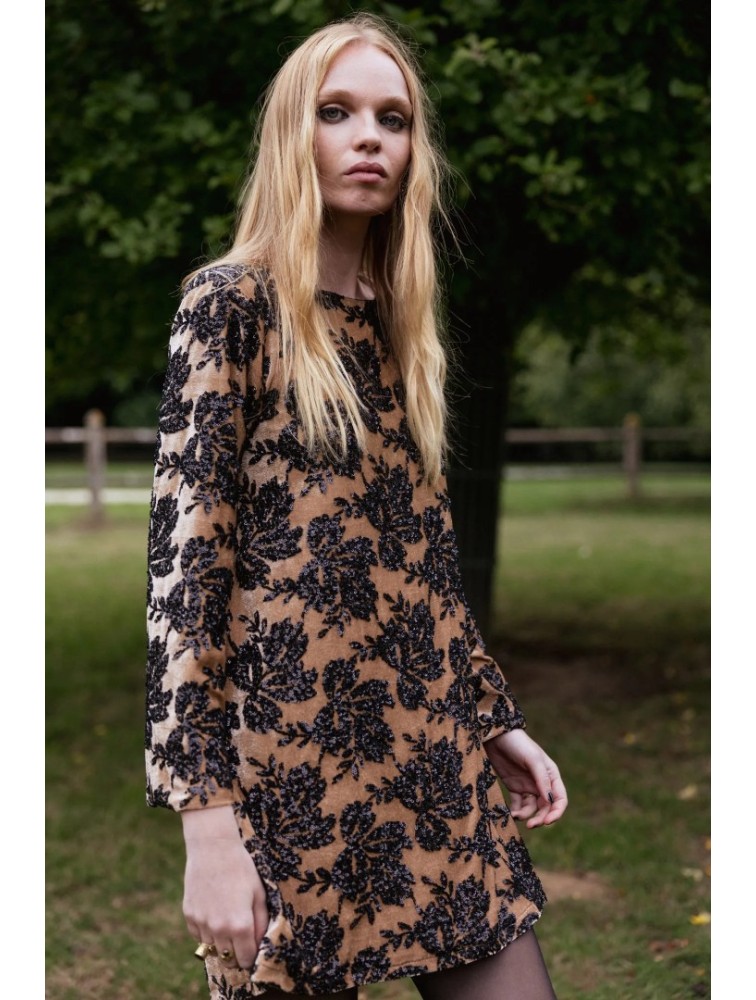 NIDODILEDA Dhaval Dress Velvet floral Sequined Tan Black Ταμπά Μαύρο Βελούδινο Φόρεμα με Παγέτες