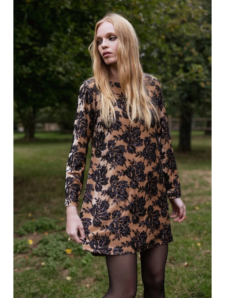 NIDODILEDA Dhaval Dress Velvet floral Sequined Tan Black Ταμπά Μαύρο Βελούδινο Φόρεμα με Παγέτες