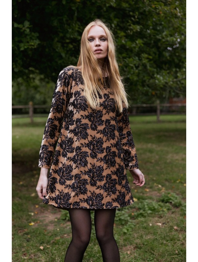 NIDODILEDA Dhaval Dress Velvet floral Sequined Tan Black Ταμπά Μαύρο Βελούδινο Φόρεμα με Παγέτες