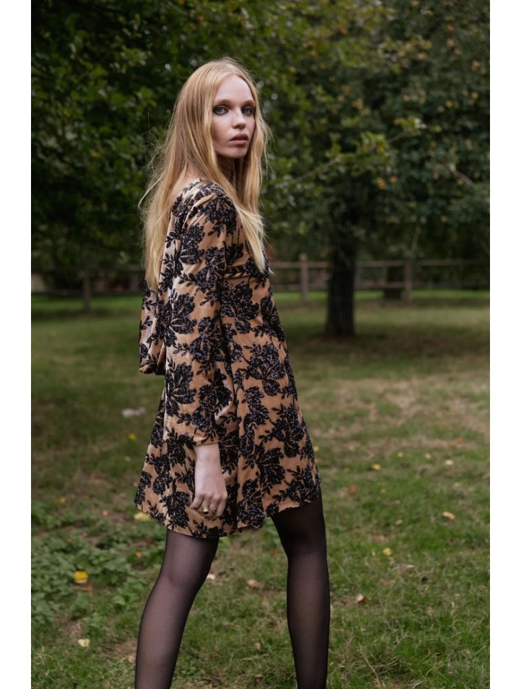 NIDODILEDA Dhaval Dress Velvet floral Sequined Tan Black Ταμπά Μαύρο Βελούδινο Φόρεμα με Παγέτες