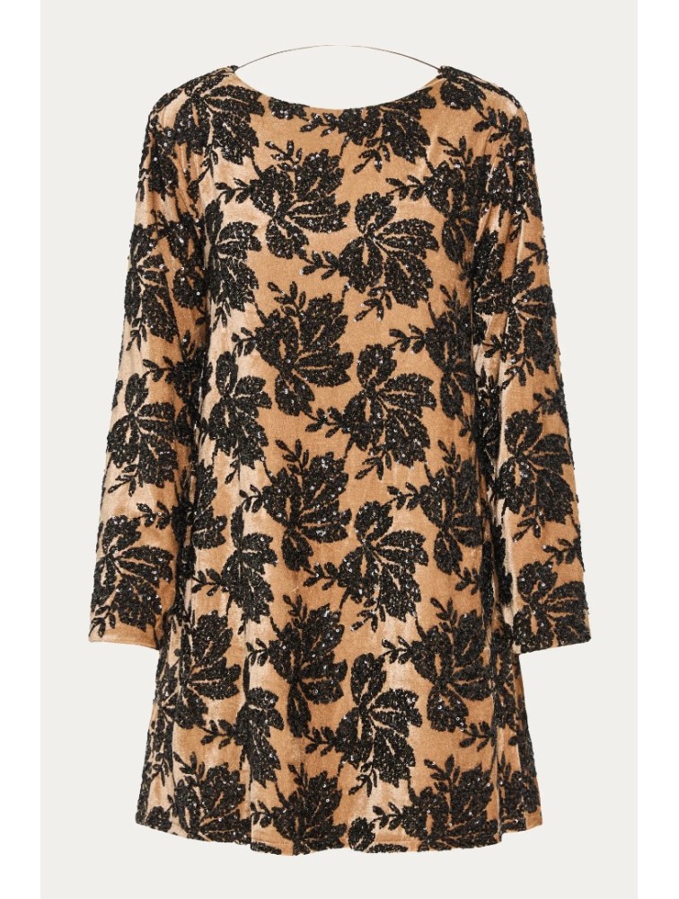NIDODILEDA Dhaval Dress Velvet floral Sequined Tan Black Ταμπά Μαύρο Βελούδινο Φόρεμα με Παγέτες