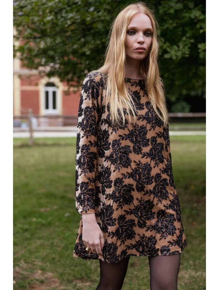NIDODILEDA Dhaval Dress Velvet floral Sequined Tan Black Ταμπά Μαύρο Βελούδινο Φόρεμα με Παγέτες