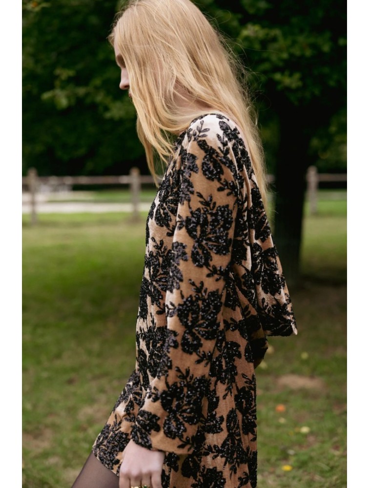 NIDODILEDA Dhaval Dress Velvet floral Sequined Tan Black Ταμπά Μαύρο Βελούδινο Φόρεμα με Παγέτες