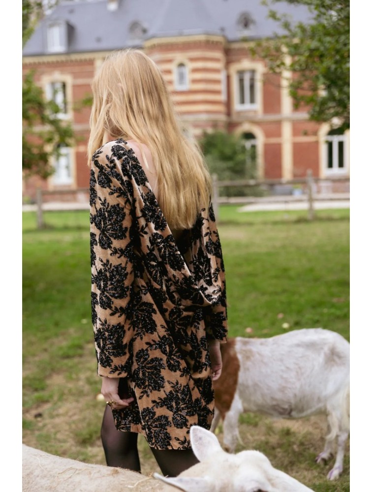 NIDODILEDA Dhaval Dress Velvet floral Sequined Tan Black Ταμπά Μαύρο Βελούδινο Φόρεμα με Παγέτες