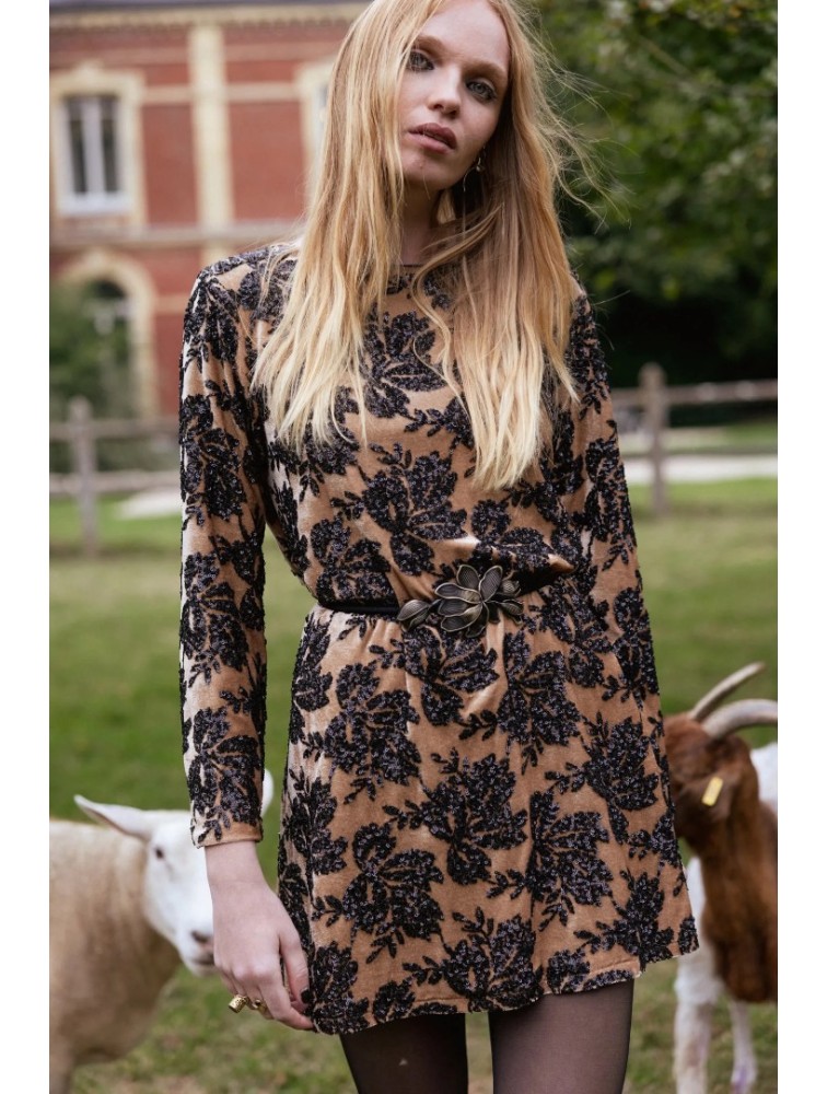 NIDODILEDA Dhaval Dress Velvet floral Sequined Tan Black Ταμπά Μαύρο Βελούδινο Φόρεμα με Παγέτες