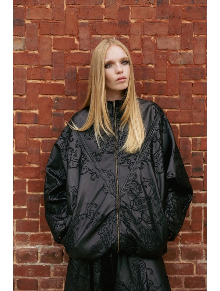 NIDODILEDA Felicity Bomber Jacket Embossed Vegan Leather Black Μαύρο Κεντητό Τζάκετ