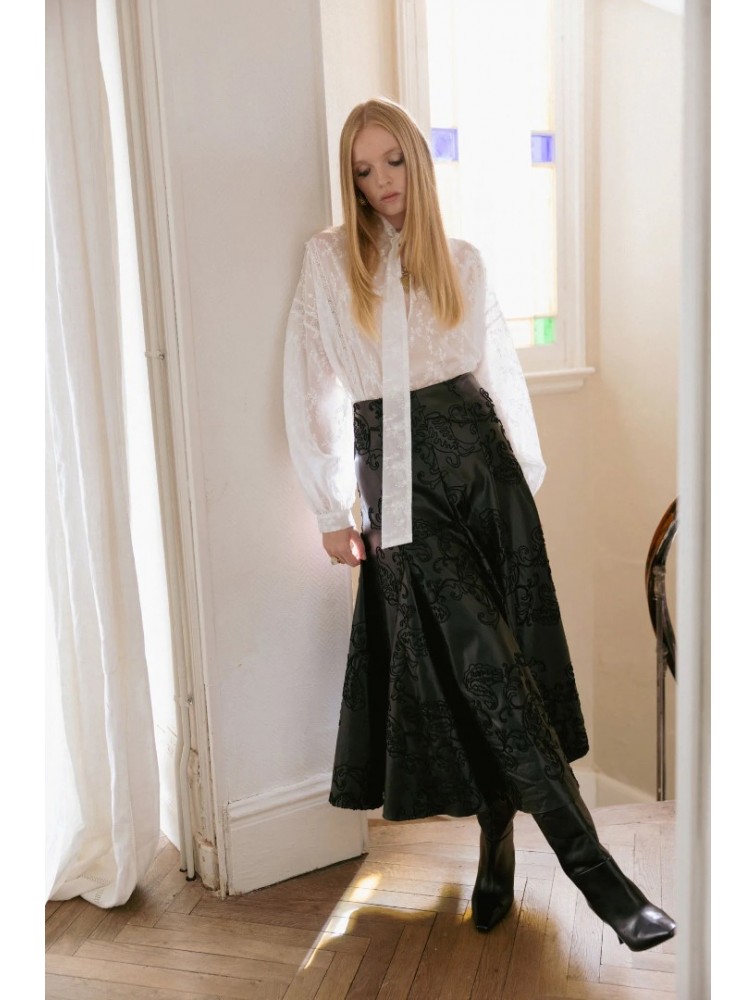 NIDODILEDA Felicity Skirt Embossed Vegan Leather Black Μαύρη Κεντητή Φούστα
