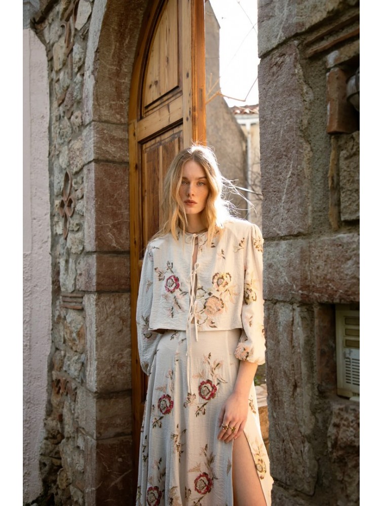 NIDODILEDA Flow Skirt Floral Beaded Slitted Φλοράλ Φούστα