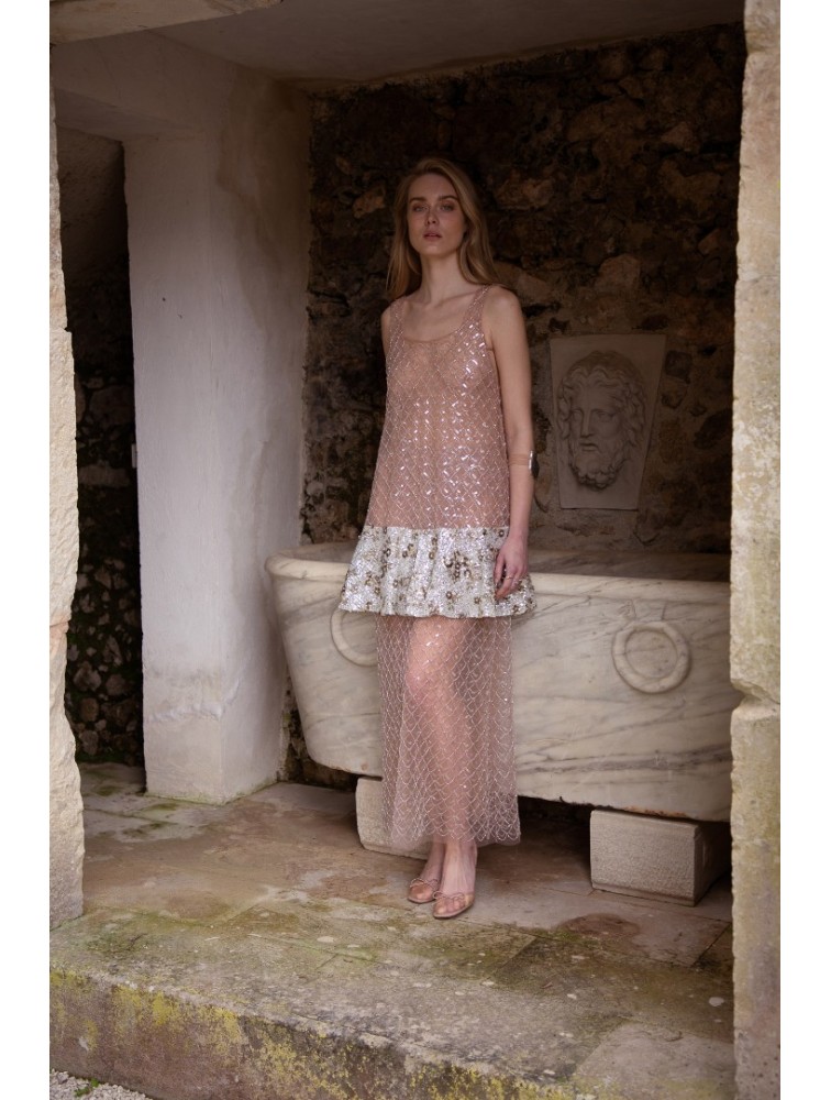 NIDODILEDA Inframe Top Dress Bead Embroidered Sequined Hem Παγετένιο Φόρεμα