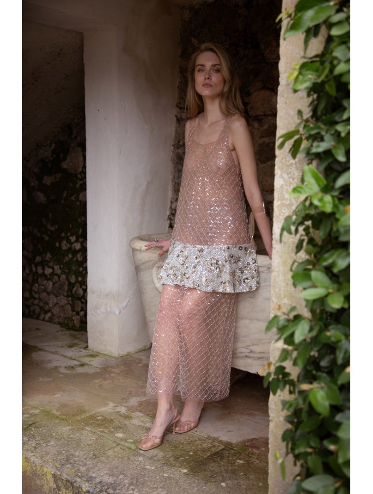 NIDODILEDA Inframe Top Dress Bead Embroidered Sequined Hem Παγετένιο Φόρεμα