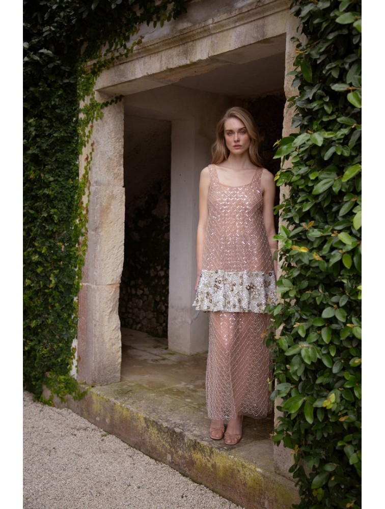 NIDODILEDA Inframe Top Dress Bead Embroidered Sequined Hem Παγετένιο Φόρεμα