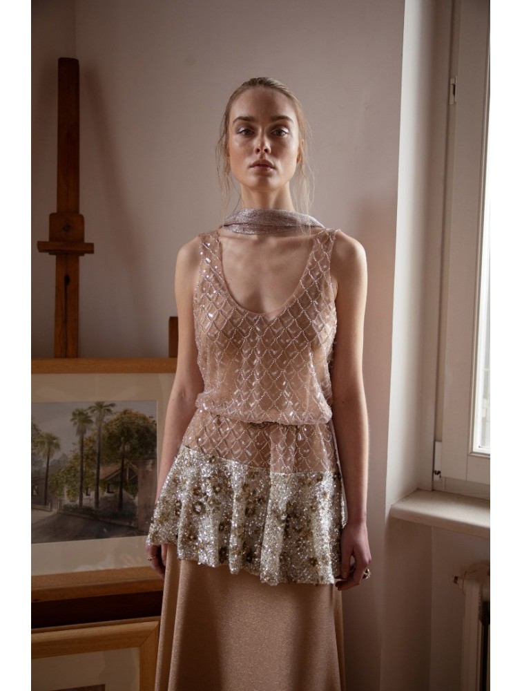 NIDODILEDA Inframe Top Dress Bead Embroidered Sequined Hem Παγετένιο Φόρεμα