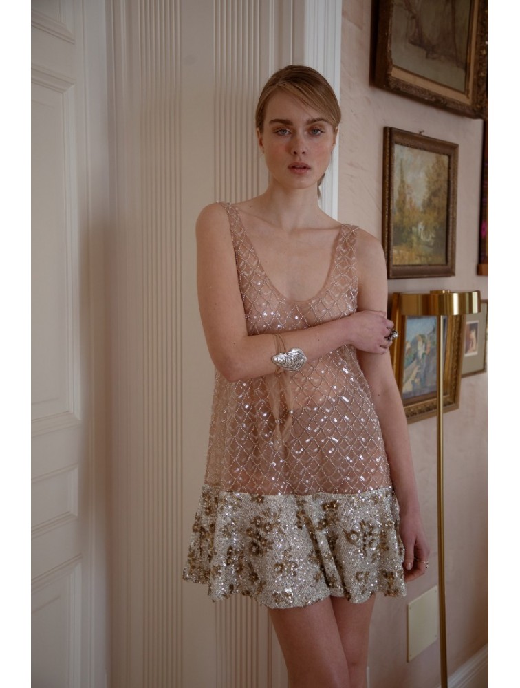 NIDODILEDA Inframe Top Dress Bead Embroidered Sequined Hem Παγετένιο Φόρεμα