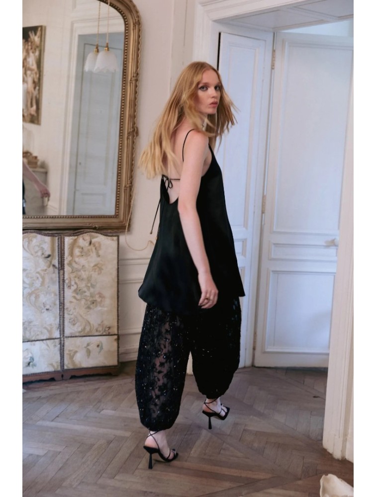NIDODILEDA Itiel Dress Satin Sequined Lace Embellished Μαύρο Μίνι Φόρεμα με Παγέτα