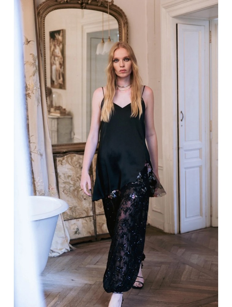 NIDODILEDA Itiel Dress Satin Sequined Lace Embellished Μαύρο Μίνι Φόρεμα με Παγέτα