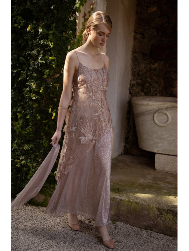 NIDODILEDA Kinetic Dress Bead Embroidered Semi-sheer Foil Printed Tulle