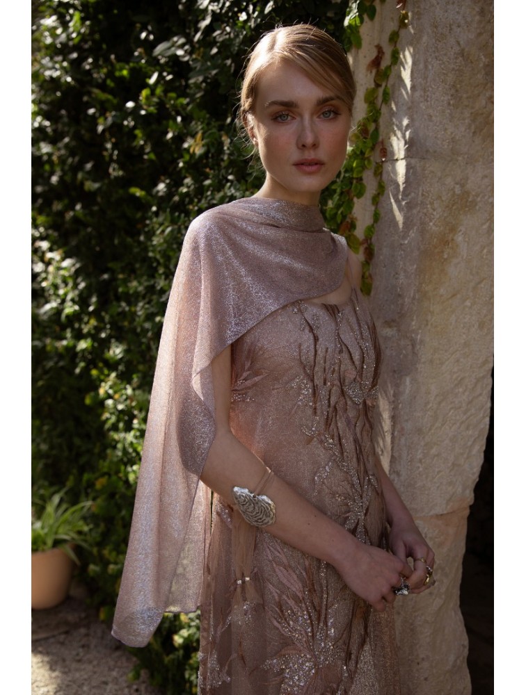 NIDODILEDA Kinetic Dress Bead Embroidered Semi-sheer Foil Printed Tulle