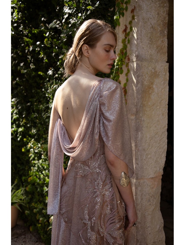 NIDODILEDA Kinetic Dress Bead Embroidered Semi-sheer Foil Printed Tulle