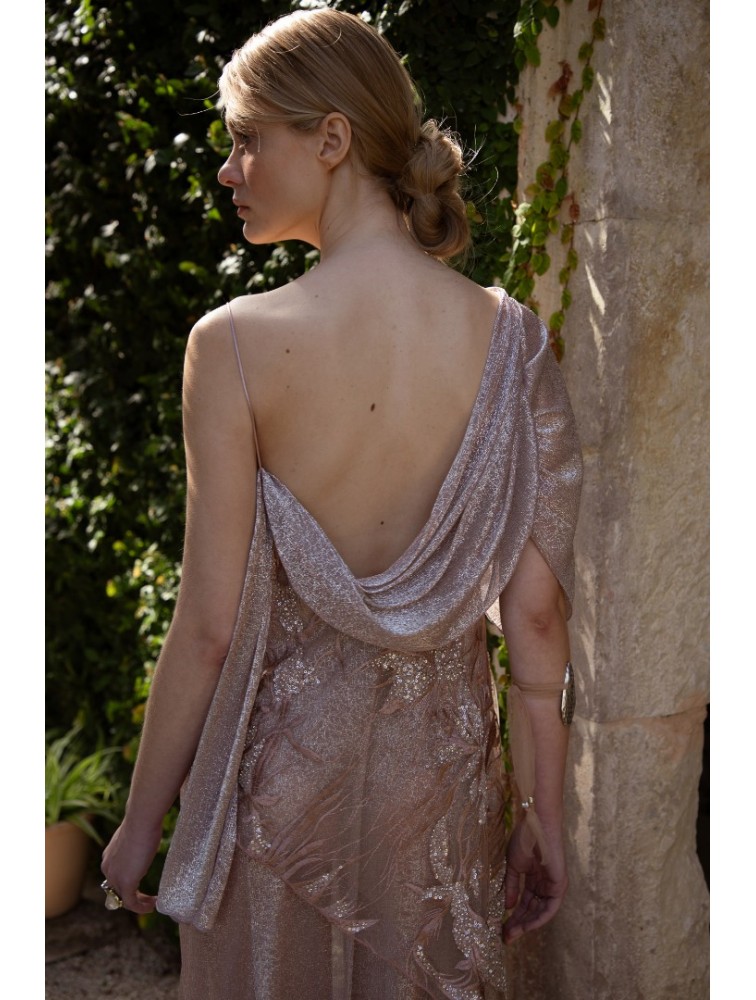 NIDODILEDA Kinetic Dress Bead Embroidered Semi-sheer Foil Printed Tulle