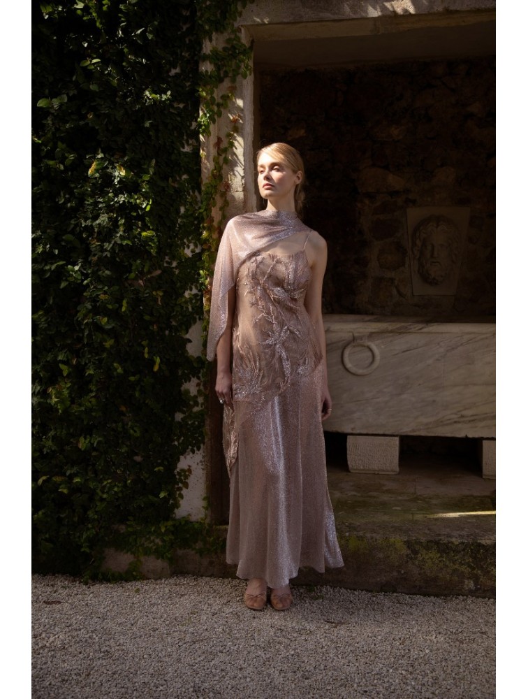 NIDODILEDA Kinetic Dress Bead Embroidered Semi-sheer Foil Printed Tulle