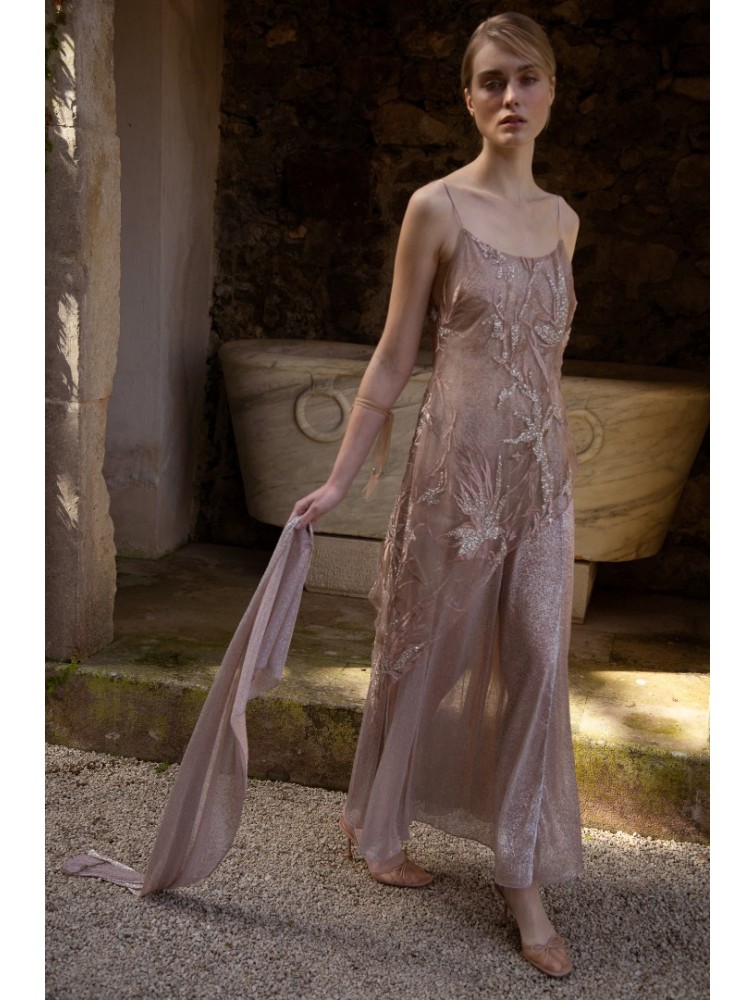 NIDODILEDA Kinetic Dress Bead Embroidered Semi-sheer Foil Printed Tulle