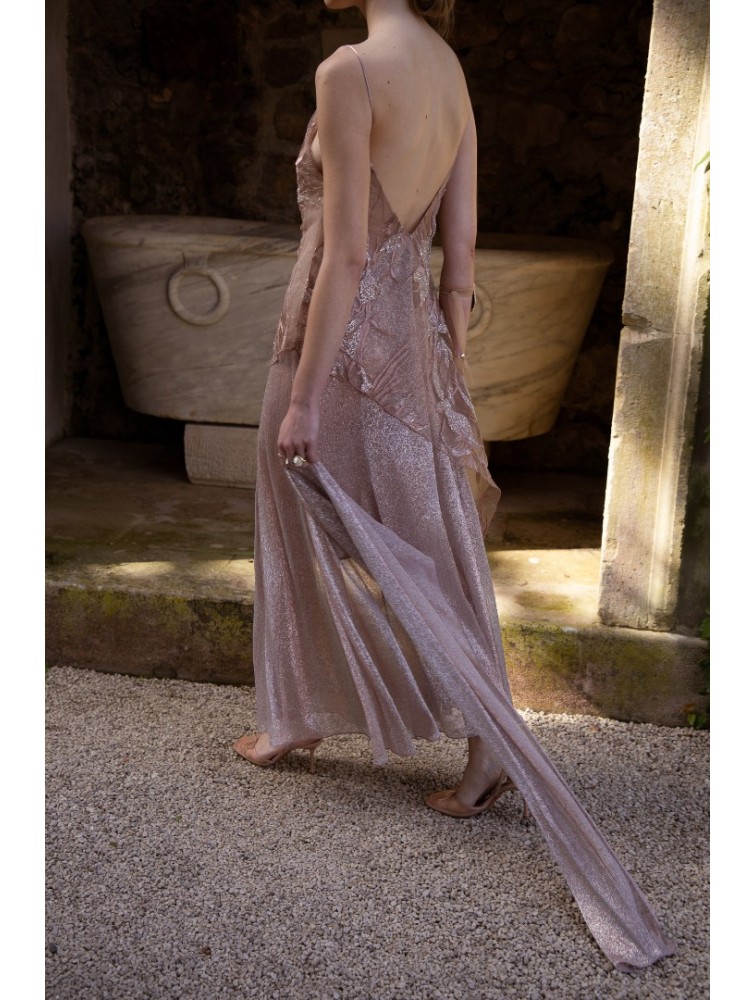 NIDODILEDA Kinetic Dress Bead Embroidered Semi-sheer Foil Printed Tulle