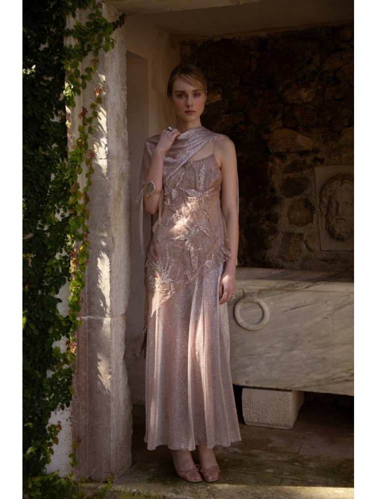NIDODILEDA Kinetic Dress Bead Embroidered Semi-sheer Foil Printed Tulle