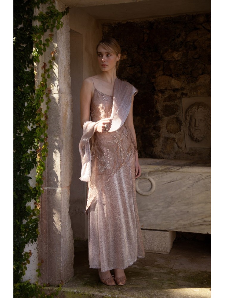 NIDODILEDA Kinetic Dress Bead Embroidered Semi-sheer Foil Printed Tulle