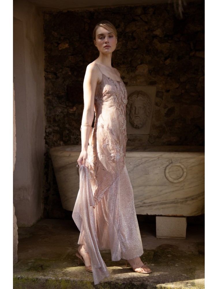 NIDODILEDA Kinetic Dress Bead Embroidered Semi-sheer Foil Printed Tulle