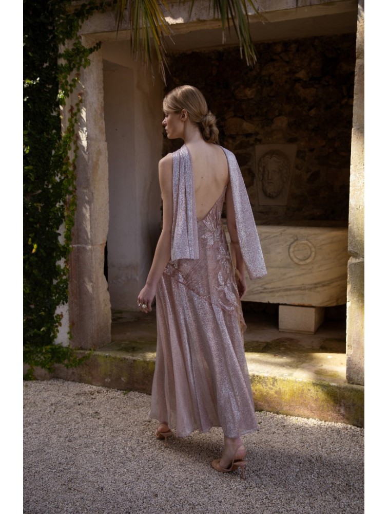 NIDODILEDA Kinetic Dress Bead Embroidered Semi-sheer Foil Printed Tulle