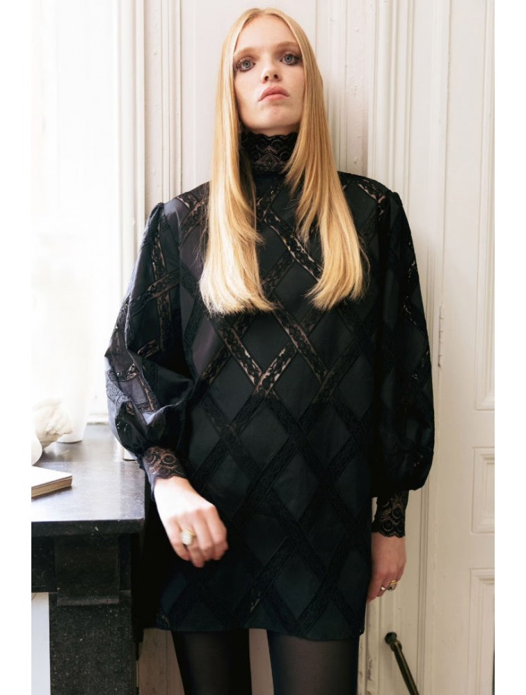 NIDODILEDA Leona Shirt Dress Crochet Lace Detailing Black Μαύρο Κροσέ Δαντελένιο Πουκαμισοφόρεμα