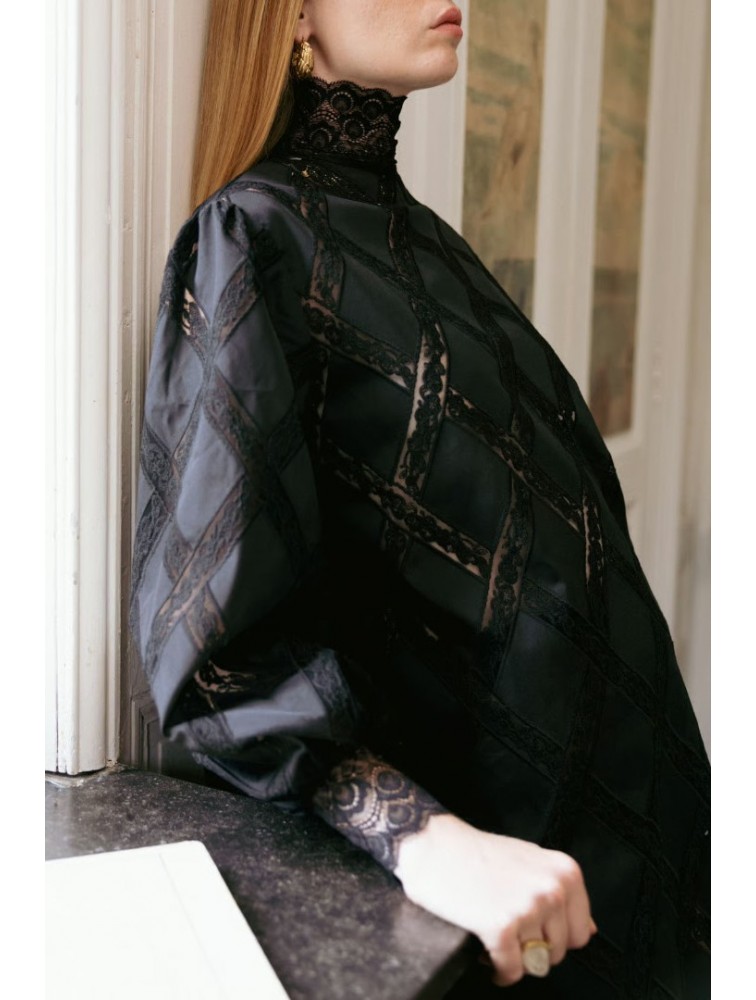NIDODILEDA Leona Shirt Dress Crochet Lace Detailing Black Μαύρο Κροσέ Δαντελένιο Πουκαμισοφόρεμα