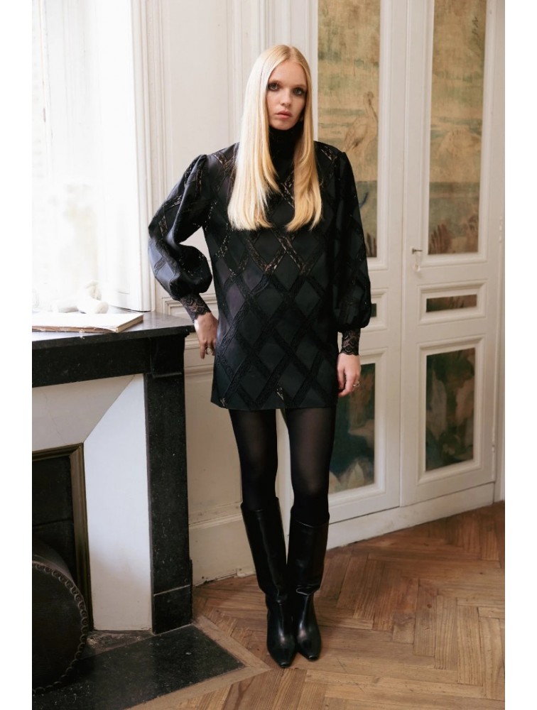 NIDODILEDA Leona Shirt Dress Crochet Lace Detailing Black Μαύρο Κροσέ Δαντελένιο Πουκαμισοφόρεμα
