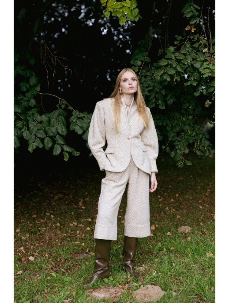 NIDODILEDA London Culottes Herringbone Light Beige Μπεζ Ψαροκόκκαλο Ζιπ Κιλότ