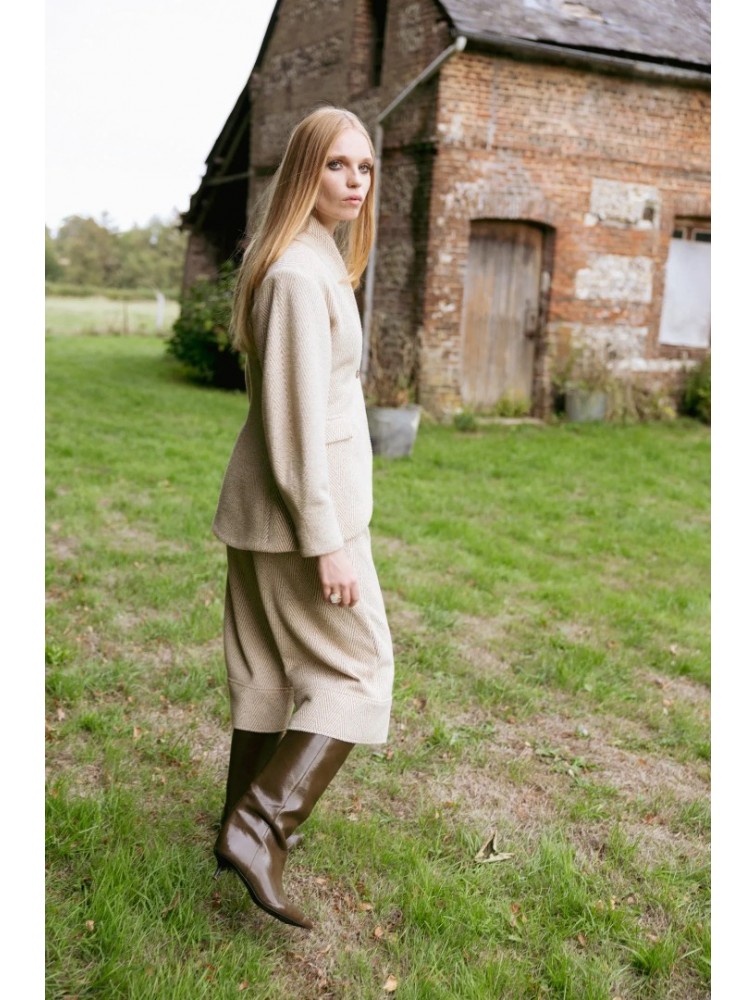 NIDODILEDA London Culottes Herringbone Light Beige Μπεζ Ψαροκόκκαλο Ζιπ Κιλότ