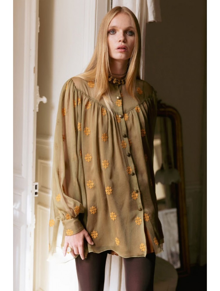 NIDODILEDA Lorna Shirt Dress Semi-Sheer Embroidered Olive Green Λαδί Κεντητό Πουκαμισοφόρεμα