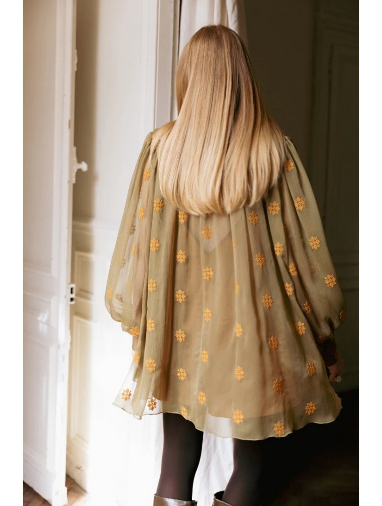 NIDODILEDA Lorna Shirt Dress Semi-Sheer Embroidered Olive Green Λαδί Κεντητό Πουκαμισοφόρεμα