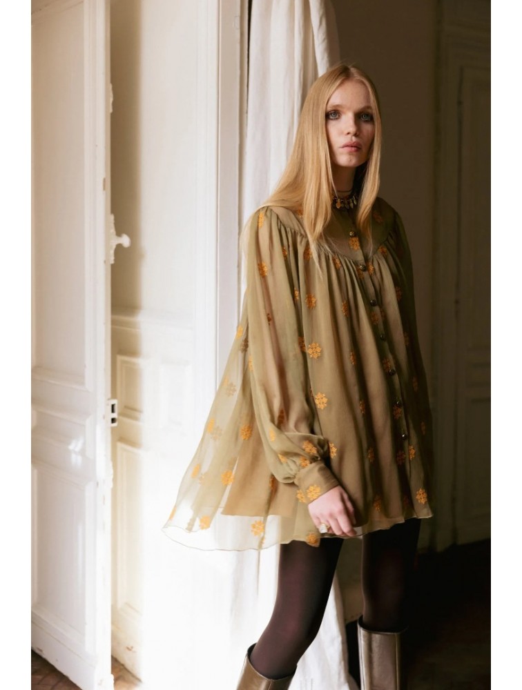 NIDODILEDA Lorna Shirt Dress Semi-Sheer Embroidered Olive Green Λαδί Κεντητό Πουκαμισοφόρεμα