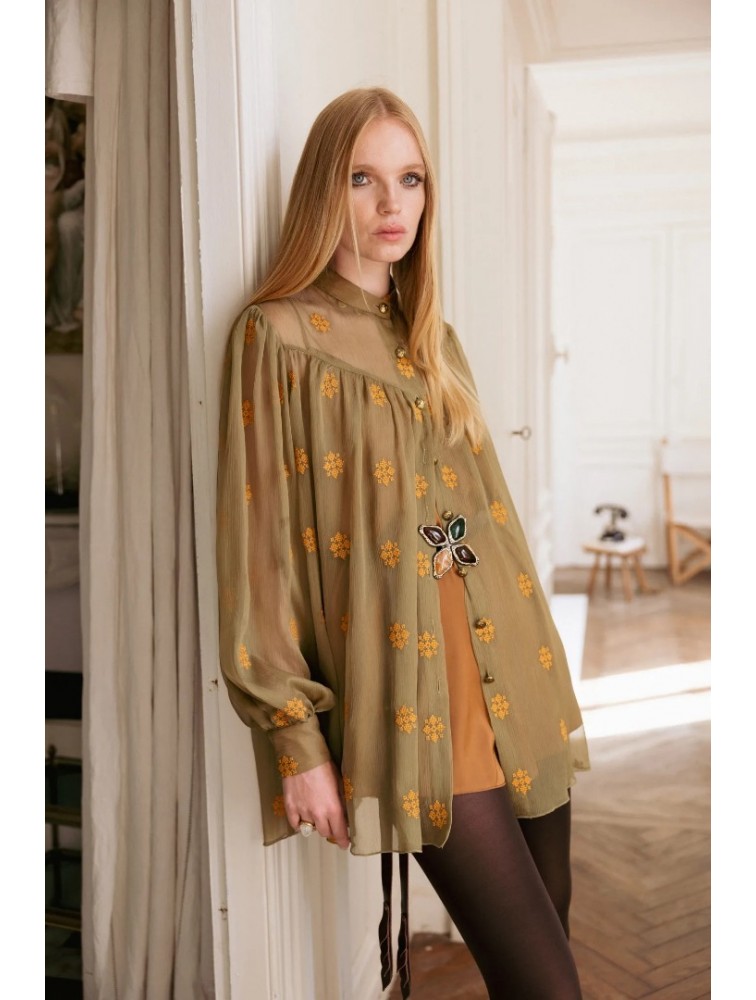 NIDODILEDA Lorna Shirt Dress Semi-Sheer Embroidered Olive Green Λαδί Κεντητό Πουκαμισοφόρεμα