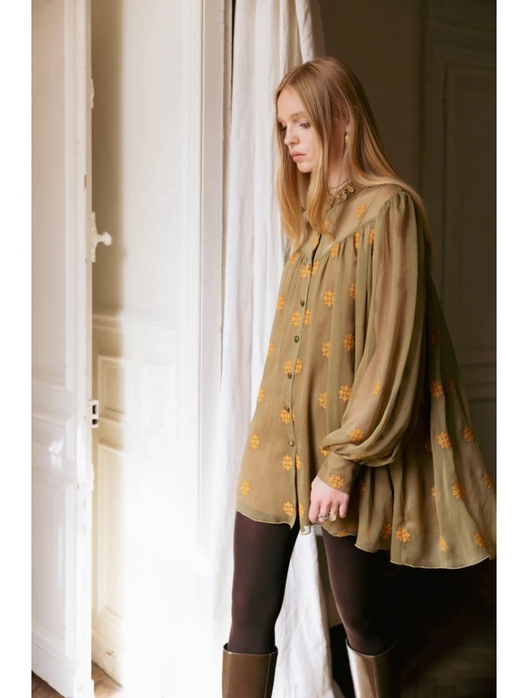 NIDODILEDA Lorna Shirt Dress Semi-Sheer Embroidered Olive Green Λαδί Κεντητό Πουκαμισοφόρεμα