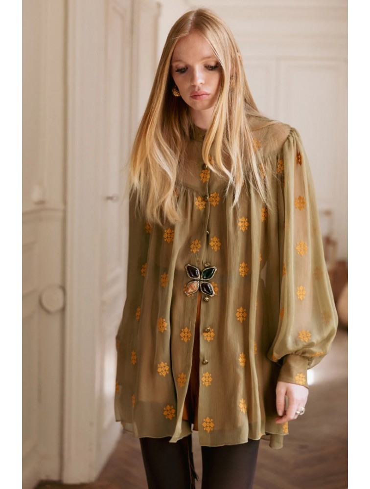 NIDODILEDA Lorna Shirt Dress Semi-Sheer Embroidered Olive Green Λαδί Κεντητό Πουκαμισοφόρεμα