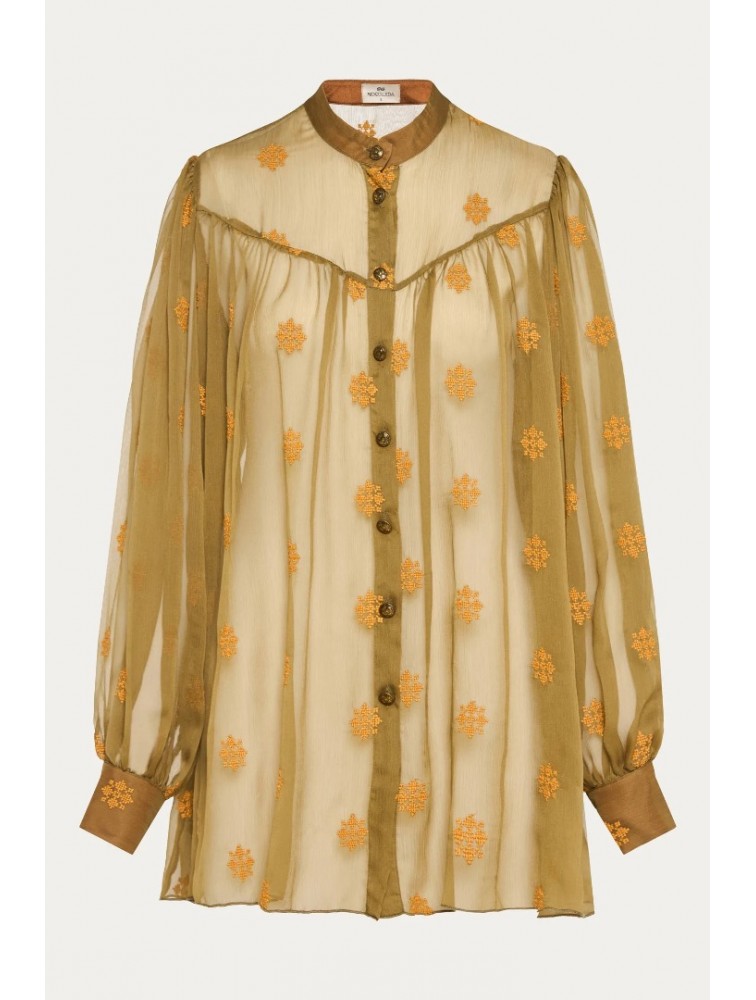 NIDODILEDA Lorna Shirt Dress Semi-Sheer Embroidered Olive Green Λαδί Κεντητό Πουκαμισοφόρεμα