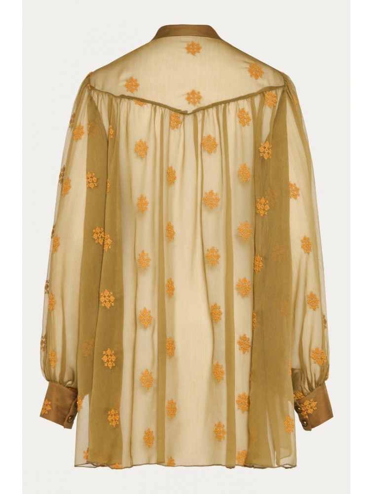 NIDODILEDA Lorna Shirt Dress Semi-Sheer Embroidered Olive Green Λαδί Κεντητό Πουκαμισοφόρεμα