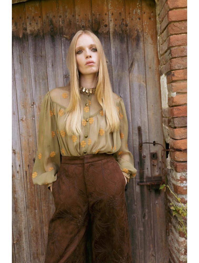 NIDODILEDA Lorna Shirt Dress Semi-Sheer Embroidered Olive Green Λαδί Κεντητό Πουκαμισοφόρεμα