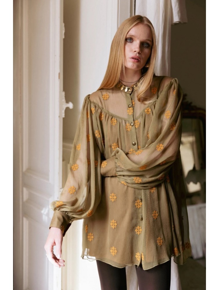 NIDODILEDA Lorna Shirt Dress Semi-Sheer Embroidered Olive Green Λαδί Κεντητό Πουκαμισοφόρεμα