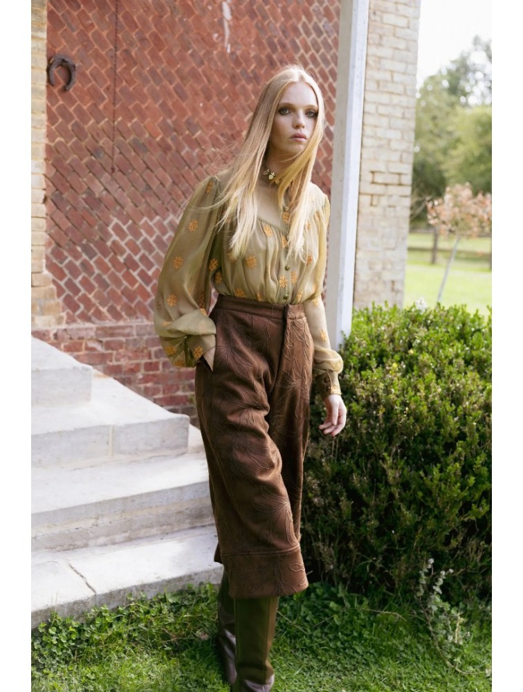 NIDODILEDA Madeline Culottes Embroidered Vegan Leather Brown Καφέ Κεντητή Ζιπ Κιλότ
